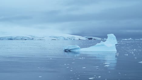 Iceberg-and-Winter-Sea-in-Cold-Blue-Landscape-Scenery,-Antarctica-Seascape-with-Ice-and-Glacier-in-Dramatic-Beautiful-Coastal-Scene-on-Coast-on-Antarctic-Peninsula,-Moody-Blue-Atmosphric