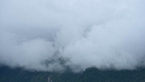 Rolling-Clouds-Over-Rainforest-Timelapse,-Nepal-Time-Lapse-of-Forest-Landscape-with-Clouds-Moving-and-Rising-from-Trees-in-the-Himalayas-Foothills,-Nature-Background-with-Copy-Space