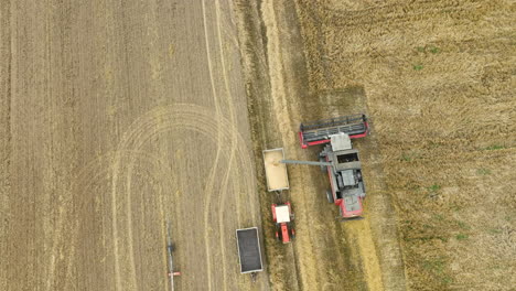 High-angle-view-of-a-combine-harvester-offloading-harvested-wheat-into-a-trailer-towed-by-a-tractor