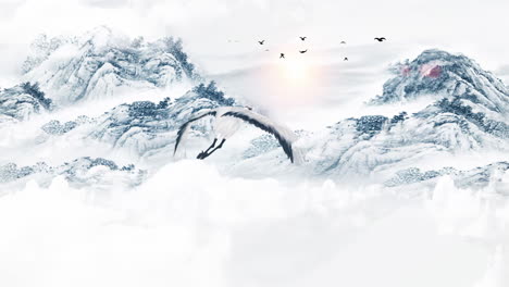 Peaceful-Fantasy-Nature-Landscape-watercolor-digital-painting-birds-flying-over-mountains-and-sea-clouds