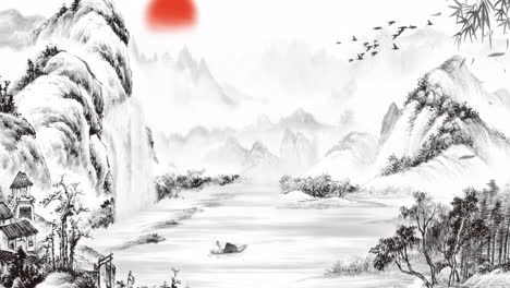 Mysterious-landscape-China's-traditional-Oriental-Digital-Art-animation,-Chinese-retro-painting-ink-misty-mountain-with-flowers,-tree,-birds,-river-in-fog-background