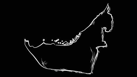 Animated-self-drawing-United-Arab-Emirates-map-in-line-art,-lines-forming-the-map-outline-against-a-black-background-alpha-channel-mode-overlay,-this-animation-represents-national-pride-and-identity