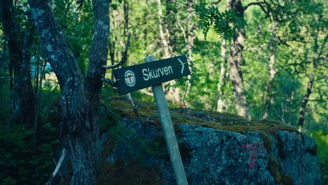 Skurven-Mountain-Sign-In-The-Forest-In-Norway---Wide-Shot