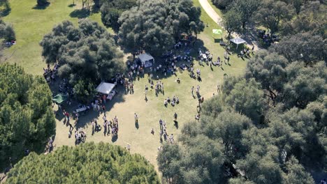 Blick-Von-Einer-Drohne-Mit-Statischer-Kamera-Auf-Menschen,-Die-Einen-Tag-Im-Park-Genießen