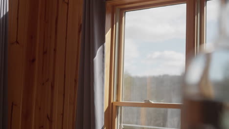 Cabin-window-looking-out-over-wooded-forest