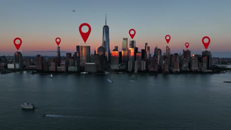 Aerial-of-Manhattan,-New-York-City-skyline-at-sunset