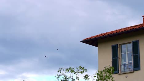 Pájaros-Volando-Fuera-De-Una-Casa-Italiana-En-Un-Día-Nublado