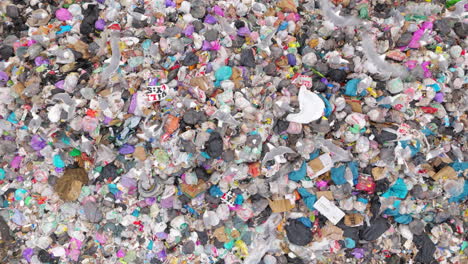 Seagulls-scavenge-and-feed-on-landfill-garbage-dump,-aerial-top-down-view