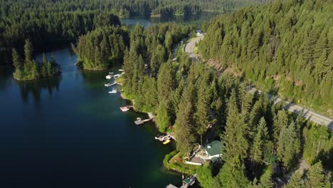 Drone-shot-Heffley-Lake-recreational-site-near-Kamloops-in-British-Columbia,-Canada