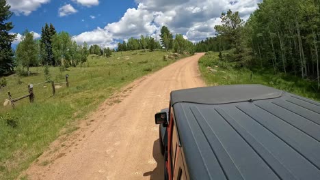 POV---View-of-vehicle-rooftop-while-driving-on-graveled-road-through-an-alpine-meadow