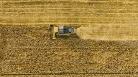 Vista-Aérea-De-Una-Cosechadora-Trabajando-En-Un-Campo-De-Trigo,-Maquinaria-Agrícola-En-Funcionamiento.