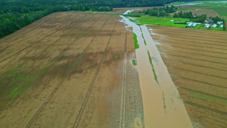 Fields-being-flooded-during-rain-season-in-Latvia,-aerial-view