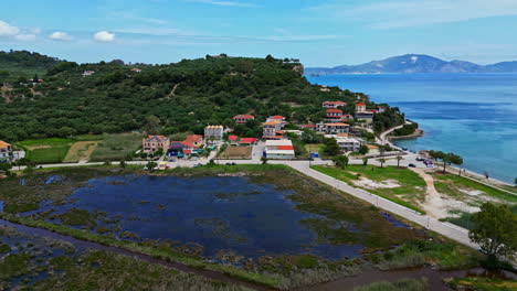 Resorts-hotels-in-Zante,-Zakynthos-island-of-Greece,-aerial-Ionian-sea-coast