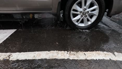 Motorcar-tires-passing-behind-the-camera-and-splashing-water