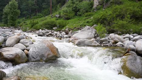 Clear-freshwater-stream-flows-over-rocks-in-a-lush-green-forest,-surrounded-by-trees-and-boulders