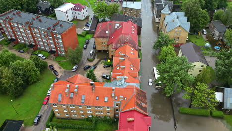 Jelgava-city-flood-disaster,-aerial-drone-view