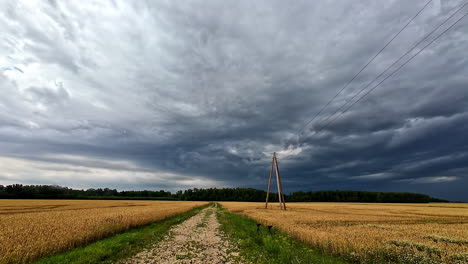 Time-lapse-shot-of-dense-clouds-passing-over-agriculture-fields-during-daytime