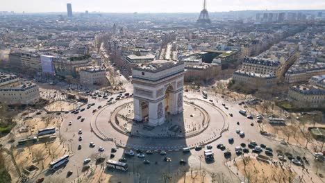 Panoramic-aerial-view-about-the-famous-monument-of-the-Arc-de-Triomphe,-Paris,-France