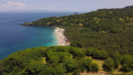 Aerial-drone-footage-of-Virgin-Beach-and-Bukit-Asah-peninsula-in-Karangasem,-Bali