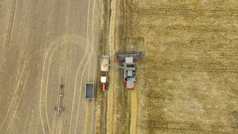 Aerial-view-of-agricultural-machinery-in-action,-featuring-a-combine-harvester-and-tractor-with-a-grain-trailer-in-a-golden-wheat-field,-showcasing-the-harvest-process-and-equipment-setup