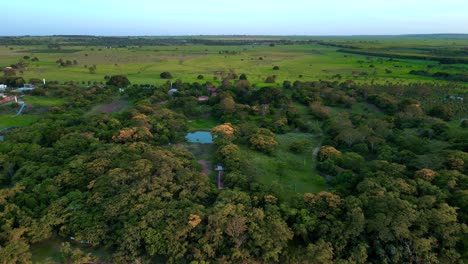 Vista-Aérea-En-Plataforma-Invertida-De-Una-Zona-Rural-Con-Bosque-Y-Río-Paraná-En-La-Ciudad-De-Panorama,-São-Paulo,-Brasil