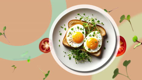 Desayuno:-Huevos-Dobles-Sobre-Tostadas-Y-Microverdes-Encima---Sobre-Un-Plato-Blanco,-Introducción-Animada-Para-Publicidad-O-Marketing-De-Restaurantes-Con-Microverdes-Volando-En-El-Aire---Etiqueta-De-Precio-O-Venta