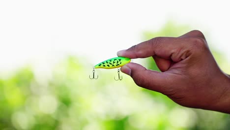 Artificial-fishing-lure-hold-by-hand-showing-on-the-camera