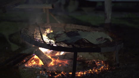 Nächtliches-Grillen-Im-Freien-Mit-Einem-Rindfleischstück,-Das-Langsam-über-Dem-Feuer-Gegart-Wird---Zeitlupe