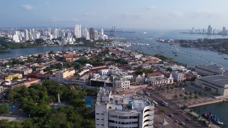 Cartagena,-Colombia,-Drone-Shot-of-Old-Town-and-New-Buildings-on-City-Waterfront