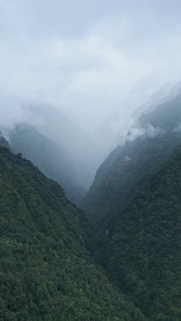 Steep-Forest-Valley-in-Mountains-in-Nepal,-Vertical-Video-for-Social-Media-Instagram-Reels-and-Tiktok-of-Dramatic-Mountain-Valley-Landscape-and-Forest-Scenery-in-the-Himalayas