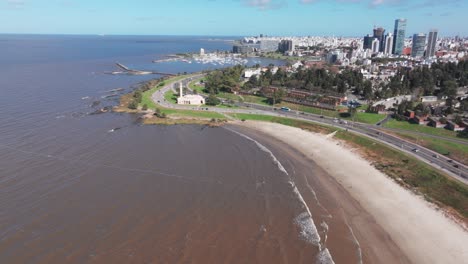 Montevideo-Uruguay,-Aerial-backing-view-of-Buceo-beach