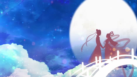 Silhouette-of-a-couple-Celebrates-meeting-of-the-cowherd-and-weaver-girl-in-the-beautiful-night-sky-over-bridge-in-moonlight,-it-is-written-"Chinese-Valentine's-day