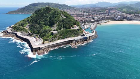 Ascending-drone,-aerial-San-Sebastian-Spain