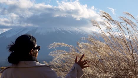 Nahaufnahme-Einer-Frau,-Die-Durch-Ein-Weizenfeld-Mit-Dem-Fuji-Im-Hintergrund-Geht,-Sonniger-Tag-In-Japan