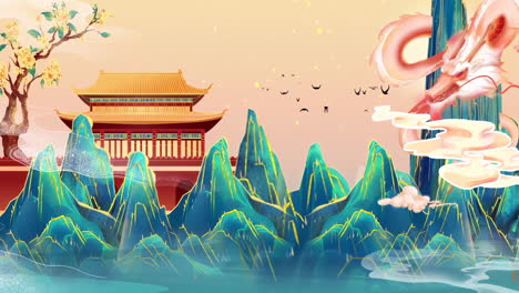 Mysterious-landscape-China's-traditional-Oriental-Digital-Art-animation,-Chinese-retro-dragon-painting-ink-of-beautiful-morning-sky,-mountains,-flowers,-lake,-ancient-house-with-simple-animation