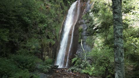 Hermosa-Cascada-En-El-Bosque-Selvático---Cascada-De-Rexio-En-Lugo,-España---Fotografía-Con-Dron