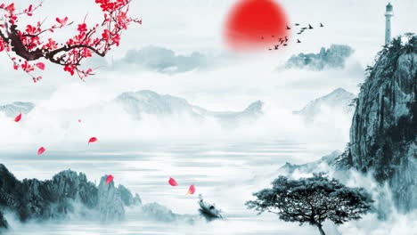 Fantasievolle,-Helle-Ambientelandschaft-Mit-Wunderschönem-Morgenhimmel,-Bergen,-Blumen,-See,-Altem-Haus-Mit-Einfacher-Animation-Im-Japanisch-chinesischen-Anime-Aquarell-Stil