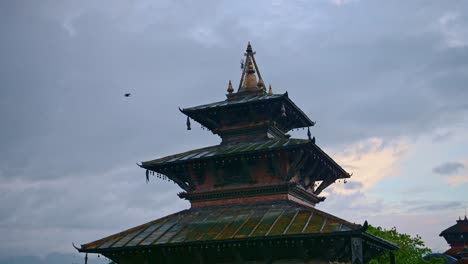 Kathmandu-Buildings-at-Sunset-in-Nepal,-Durbar-Square-Temple-Under-Beautiful-Dramatic-Sunset-Sky-and-Clouds,-Old-Historic-Buildings,-a-Popular-Travel-Destination-and-Tourist-Landmark-Site