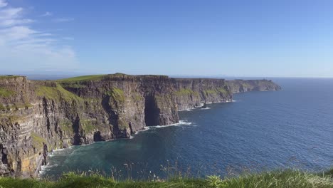 Breeze-blows-foreground-grass-on-edge-of-Moher-sea-cliff-at-blue-ocean