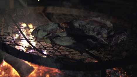 Outdoor-nighttime-barbecue-with-a-huge-beef-cut-grilling-over-the-fire---slow-motion