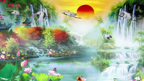 Fantasy-ancient-traditional-Chinese-Japanese-landscape-ink-Painting-of-beautiful-calm-trees,-mountains,-flowers,-lake,-water,-birds,-blue-sky,-boat,-cherry-blossoms-season