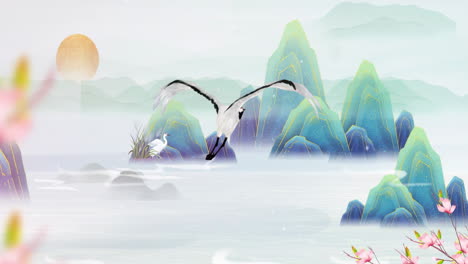 Peaceful-nature-Traditional-Chinese-style-national-trend-flying-birds-and-green-mountain-background