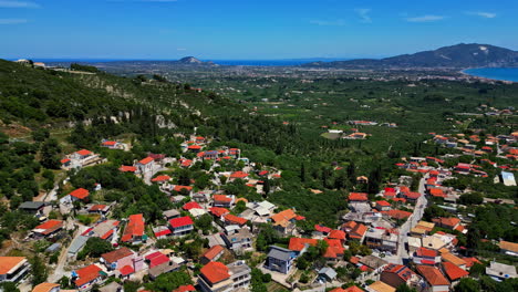 Iconic-coastal-town-in-Greece,-aerial-drone-view