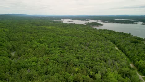 Lake-Huron-and-forest-drone-on-Manitoulin-Island,-Whitefish-Falls,-Ontario,-Canada