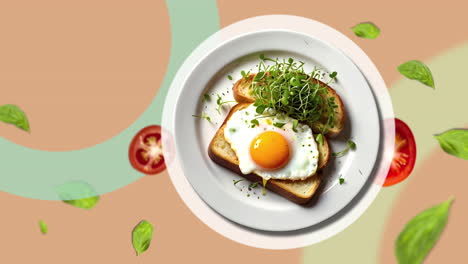 Breakfast-eggs-on-toast-and-micro-green-on-top---on-a-white-plate-Animation-intro-for-advertising-or-marketing-restaurants-with-basil-lwaves-flying-in-the-air---price-tag-or-sale