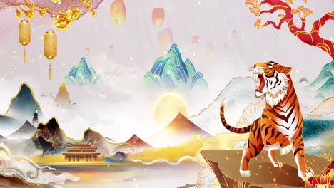 Fantasy-bright-ambience-landscape-of-beautiful-morning-sky,-tiger,-mountains,-flowers,-lake,-ancient-house-with-simple-animation-in-Japanese-Chinese-anime-watercolour-style