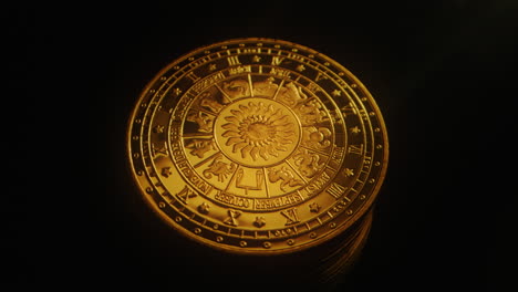 Astrological-houses-wheel-Gold-plate-rotate-in-black-background-the-twelve-zodiac-signs,-planets,-areas-of-life,-Symbols-and-house-Numbers-on-a-wheel-chart