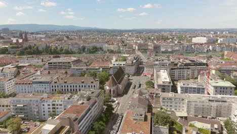 Basel's-clara-square-on-a-sunny-day,-showcasing-cityscape-and-urban-layout,-aerial-view