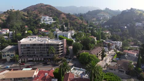 Apartments-and-multi-unit-homes-on-hills-of-Los-Angeles-California,-aerial-establishing-overview