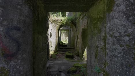 Moss-covered-stone-corridor-at-Convento-de-São-Francisco-do-Monte,-leading-through-ancient,-overgrown-ruins